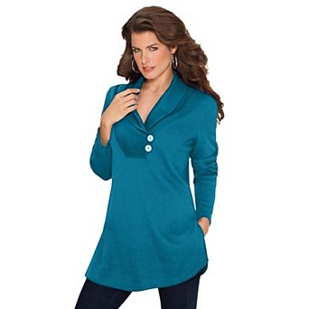 Roaman's Women's Plus Size Knit Thermal Shawl Collar Top Long Sleeve