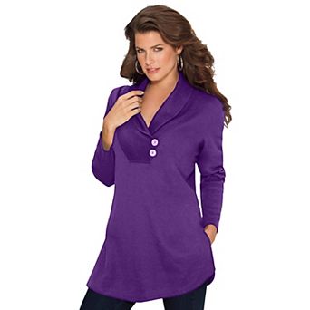 Roaman's Women's Plus Size Plus Size Knit Thermal Shawl Collar Top Long Sleeve