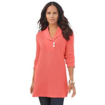 Roaman's Women's Plus Size Plus Size Knit Thermal Shawl Collar Top Long Sleeve