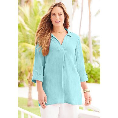 Catherines Women's Plus Size Anywear Pucker Cotton V-Neck Placket Blouse