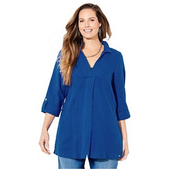 Catherines Women's Plus Size Anywear Pucker Cotton V-Neck Placket Blouse
