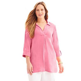 Catherines Women's Plus Size Anywear Pucker Cotton V-Neck Placket Blouse