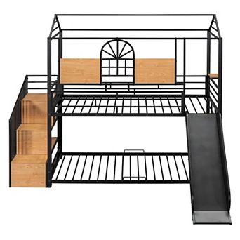 Merax Metal House-shape Loft Bed With Slide And Storage Stair