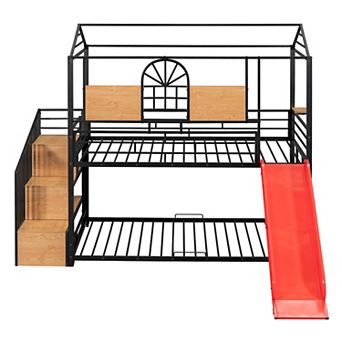 Merax Metal House-shape Loft Bed With Slide And Storage Stair