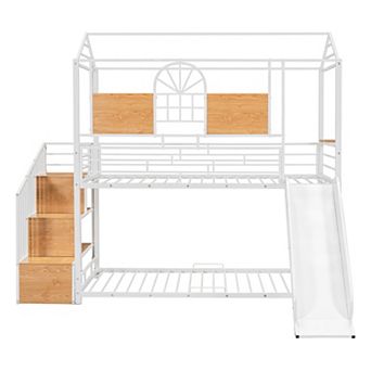 Merax Metal House-shape Loft Bed With Slide And Storage Stair