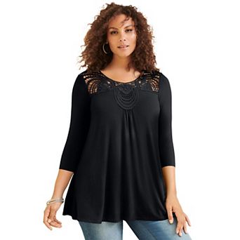 Roaman's Women's Plus Size Lace Embellished Swing Ultra Femme Top
