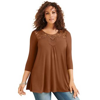 Roaman's Women's Plus Size Lace Embellished Swing Ultra Femme Top