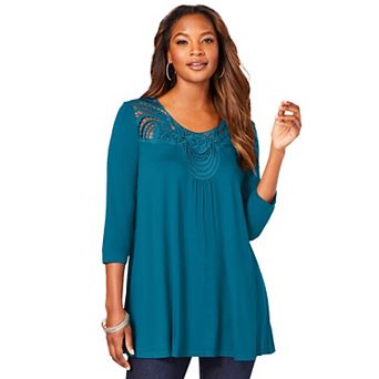 Roaman's Women's Plus Size Lace Embellished Swing Ultra Femme Top