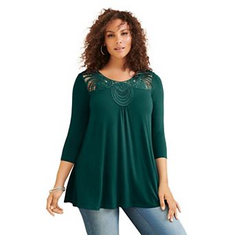 Roaman's Women's Plus Size Lace Embellished Swing Ultra Femme Top