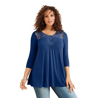 Roaman's Women's Plus Size Crochet Embellished Swing Ultra Femme Tee