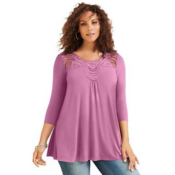 Roaman's Women's Plus Size Lace Embellished Swing Ultra Femme Top