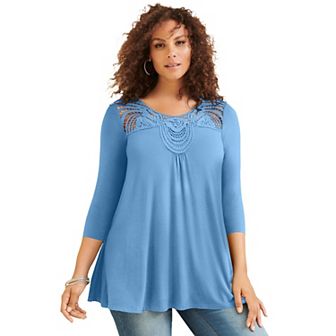 Roaman's Women's Plus Size Lace Embellished Swing Ultra Femme Top