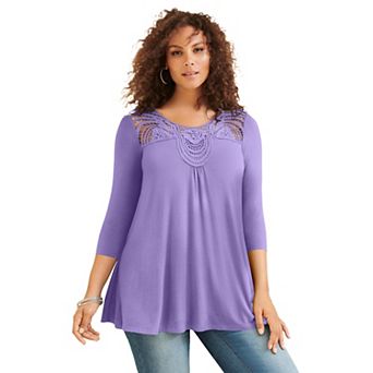 Roaman's Women's Plus Size Lace Embellished Swing Ultra Femme Top