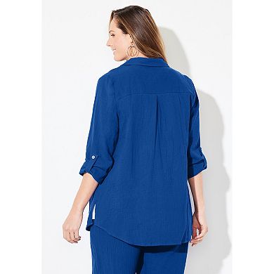 Catherines Women's Plus Size Anywear Pucker Cotton Buttonfront Roll Tab Shirt
