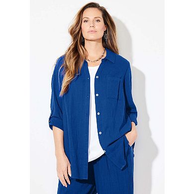 Catherines Women's Plus Size Anywear Pucker Cotton Buttonfront Roll Tab Shirt