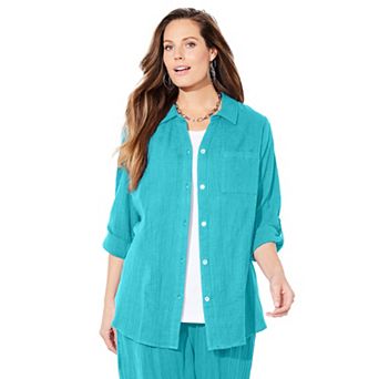 Catherines Women's Plus Size Anywear Pucker Cotton Buttonfront Roll Tab Shirt