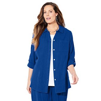 Catherines Women's Plus Size Anywear Pucker Cotton Buttonfront Roll Tab Shirt