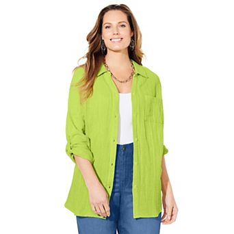 Catherines Women's Plus Size Anywear Pucker Cotton Buttonfront Roll Tab Shirt