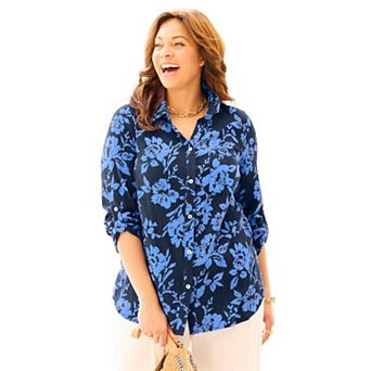 Catherines Women's Plus Size Anywear Pucker Cotton Buttonfront Roll Tab Shirt