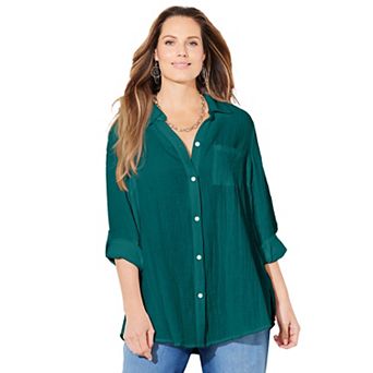 Catherines Women's Plus Size Anywear Pucker Cotton Buttonfront Roll Tab Shirt