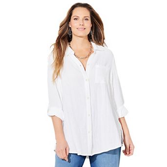 Catherines Women's Plus Size Anywear Pucker Cotton Buttonfront Roll Tab Shirt