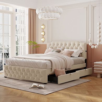 Merax Linen Upholstered Platform Bed With 2 Drawers