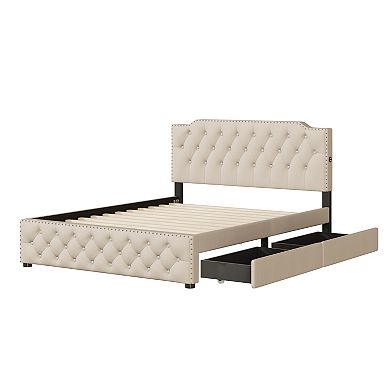 Merax Linen Upholstered Platform Bed With 2 Drawers