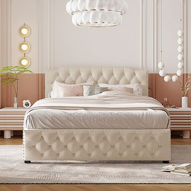 Merax Linen Upholstered Platform Bed With 2 Drawers