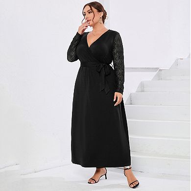 Plus Size Wrap V Neck Maxi Dress For Women Formal Curvy Long Dresses Lace Short Sleeve Summer Dress