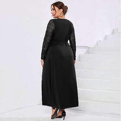 Plus Size Wrap V Neck Maxi Dress For Women Formal Curvy Long Dresses Lace Short Sleeve Summer Dress