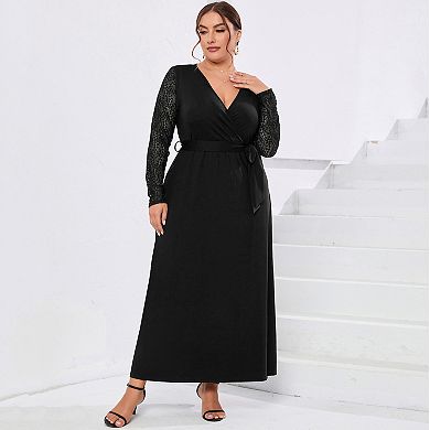 Plus Size Wrap V Neck Maxi Dress For Women Formal Curvy Long Dresses Lace Short Sleeve Summer Dress