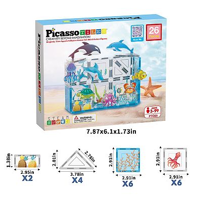 PicassoTiles 26 PC Marine Themed, Magnetic Tiles, Magnetic Building Blocks for Kids 3+