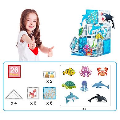 PicassoTiles 26 PC Marine Themed, Magnetic Tiles, Magnetic Building Blocks for Kids 3+