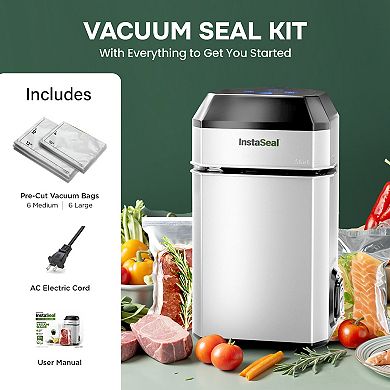 InstaSeal Airtight Double Seal Compact Upright Bag Food Vacuum Sealer with 12 Bags