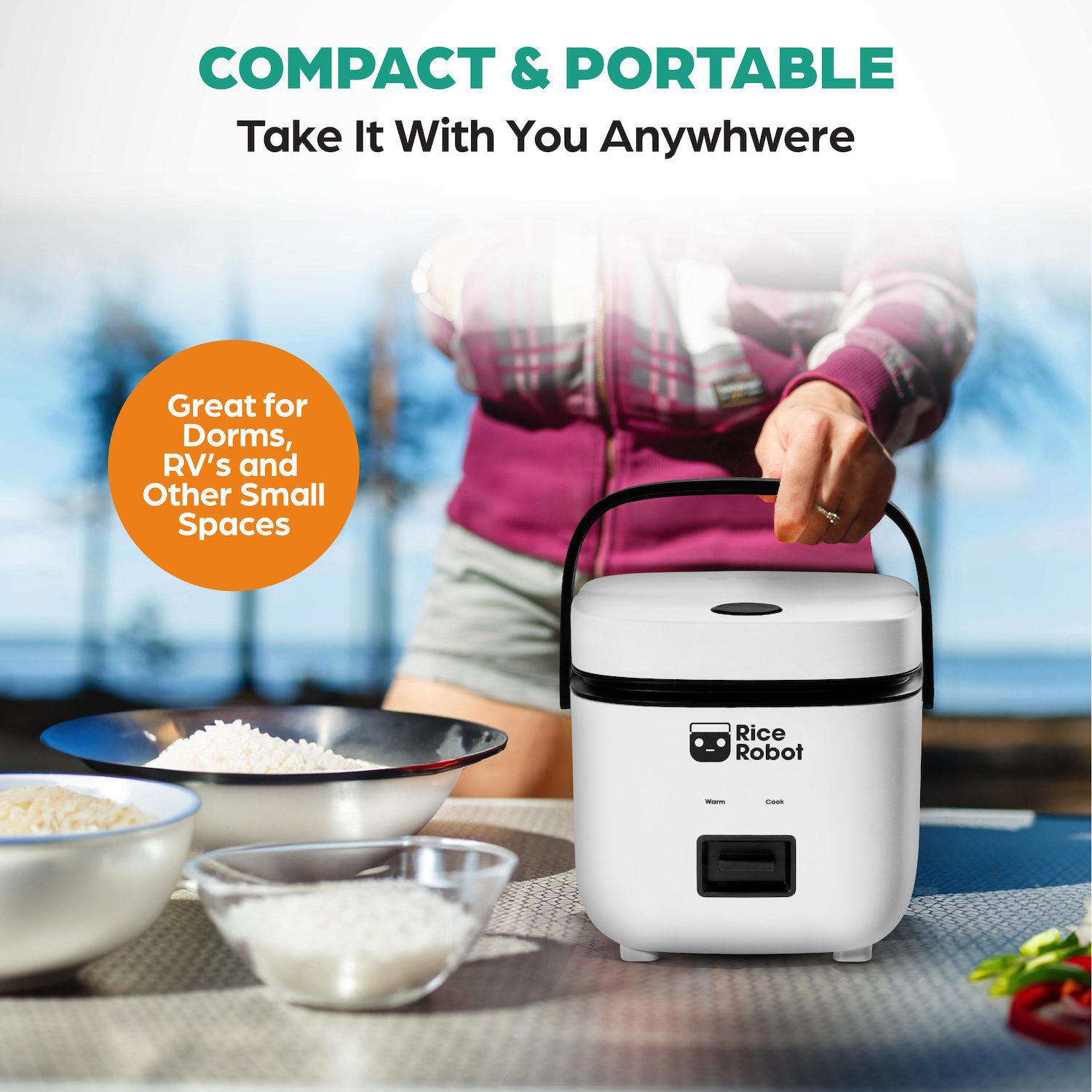 Rice Robot 4-Cup Space Saving Rice Cooker with Ceramic Nonstick Inner Pot