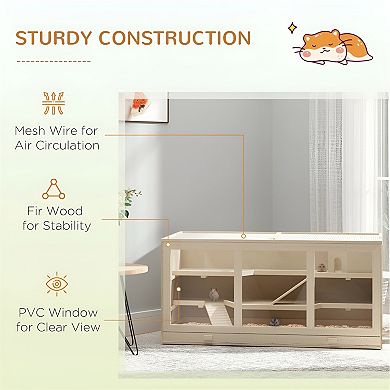 Spacious Wooden Hamster Cage - Durable Multi-Level Habitat with Secure Wire Mesh