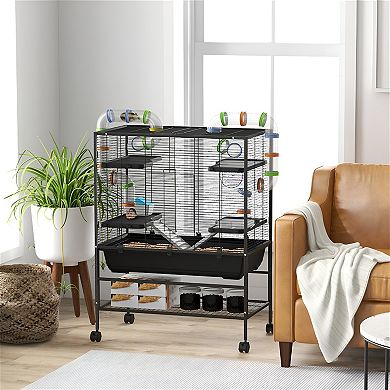 Interactive Small Pet Habitat with Exploration Tubing Food Dish, Convenient Access Doors