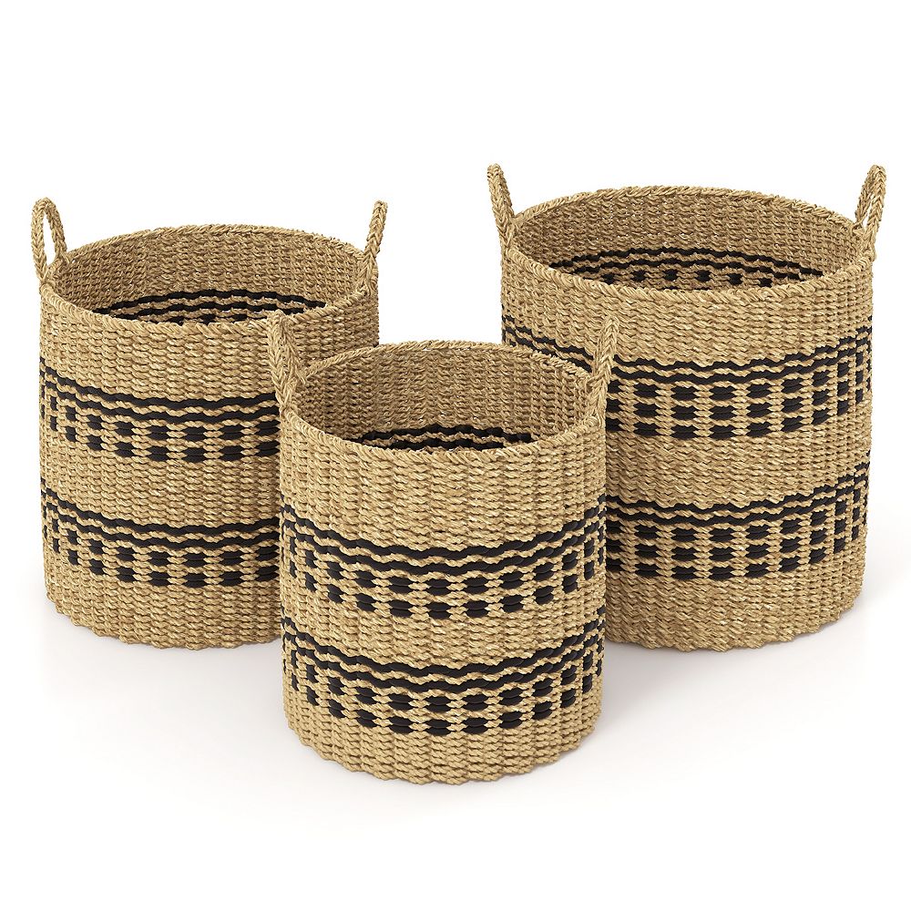 Seagrass Basket Set Of 3 Stackable Storage Bins With Handles Woven Round Basket
