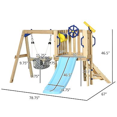Durable Wooden Swing Set with Attached Toddler Slide