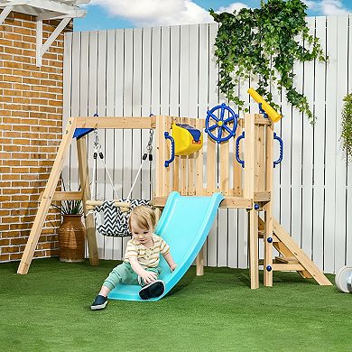 Durable Wooden Swing Set with Attached Toddler Slide