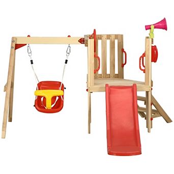 Durable Wooden Swing Set with Attached Toddler Slide