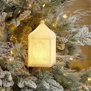 Winter Decor: Deer Pendant Lantern - 9" Tall, Rustic White Design