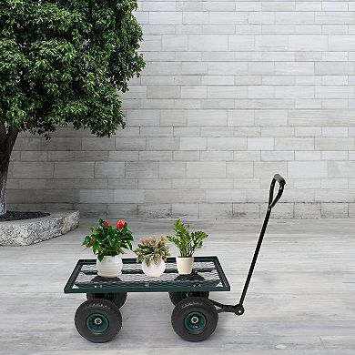 86*46*97cm Garden Iron Wood Four Wheel Square Garden Wagon Green