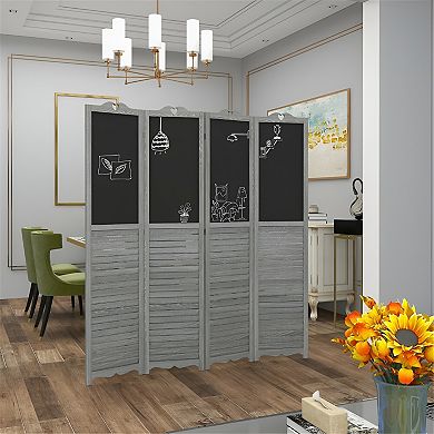 Rustic Folding Screen with Blackboard, Solid Wood Panels, and Adjustable Metal Hinges