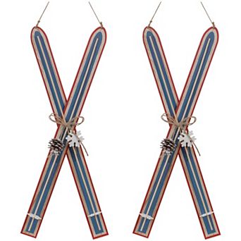 Set of 2 Wooden Ski Ornaments, 22" High for Rustic Winter Holiday Decor