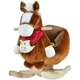 Baby Rocking Horse Durable Wood Frame with Music and Hand Puppets-Brown