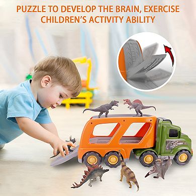 Dinosaur Transport Truck Toy for Kids Ages 3-6 Includes T-Rex