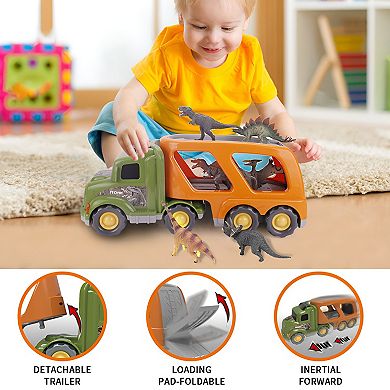 Dinosaur Transport Truck Toy for Kids Ages 3-6 Includes T-Rex