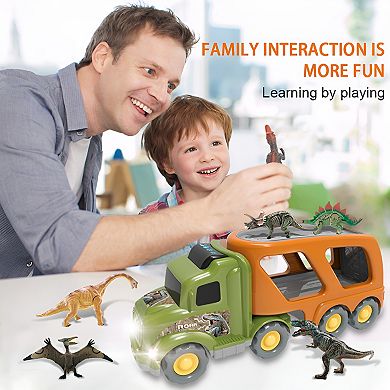 Dinosaur Transport Truck Toy for Kids Ages 3-6 Includes T-Rex