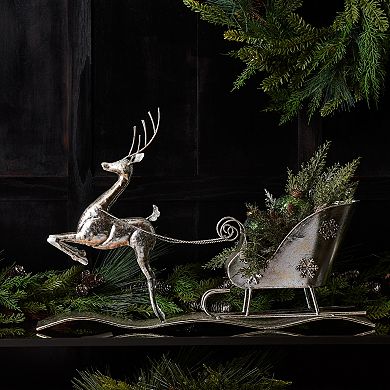 Rustic Iron Reindeer and Sleigh Ornament - 25.5 Inches Length, 17 Inches Height